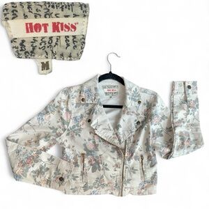 Vtg Y2K HOT KISS floral denim asymmetric zip moto biker jacket Whimsigoth Grunge